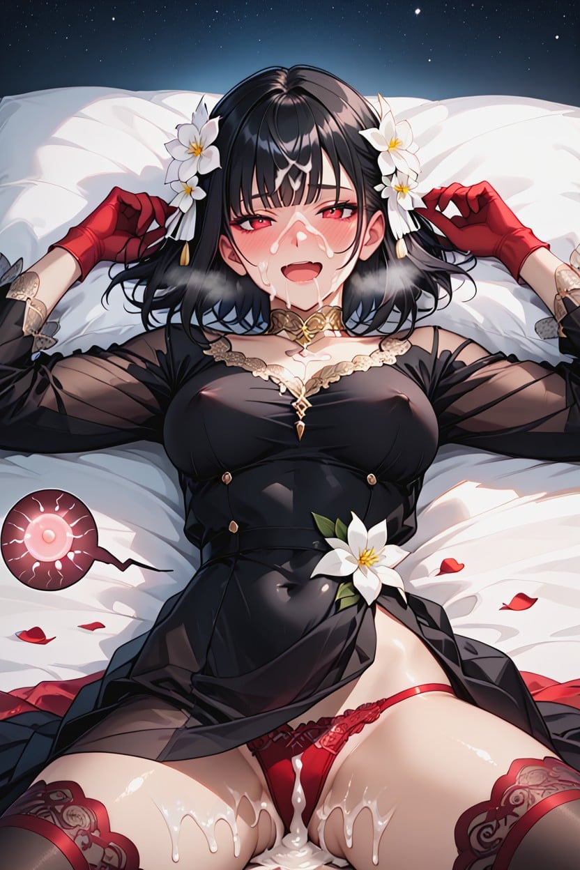 Full Face Blush, Lacy Black Panties, Extreme Cum Overflow Hentai AI Porn