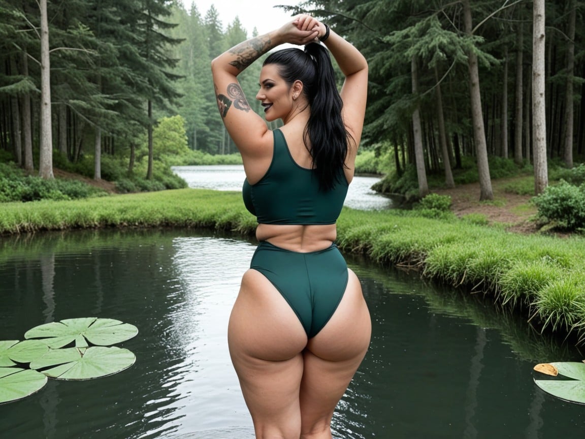 Tattoos On Arms, Gigantic Thighs, Tight Green V-waist One-piece Swimsuit Porno IA
