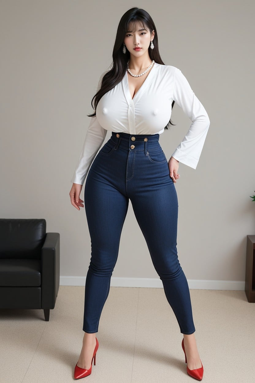Super Waist, Beautiful Korean Model, Shiny Black Hair Covering Her Eyes Porno IA Asiatique