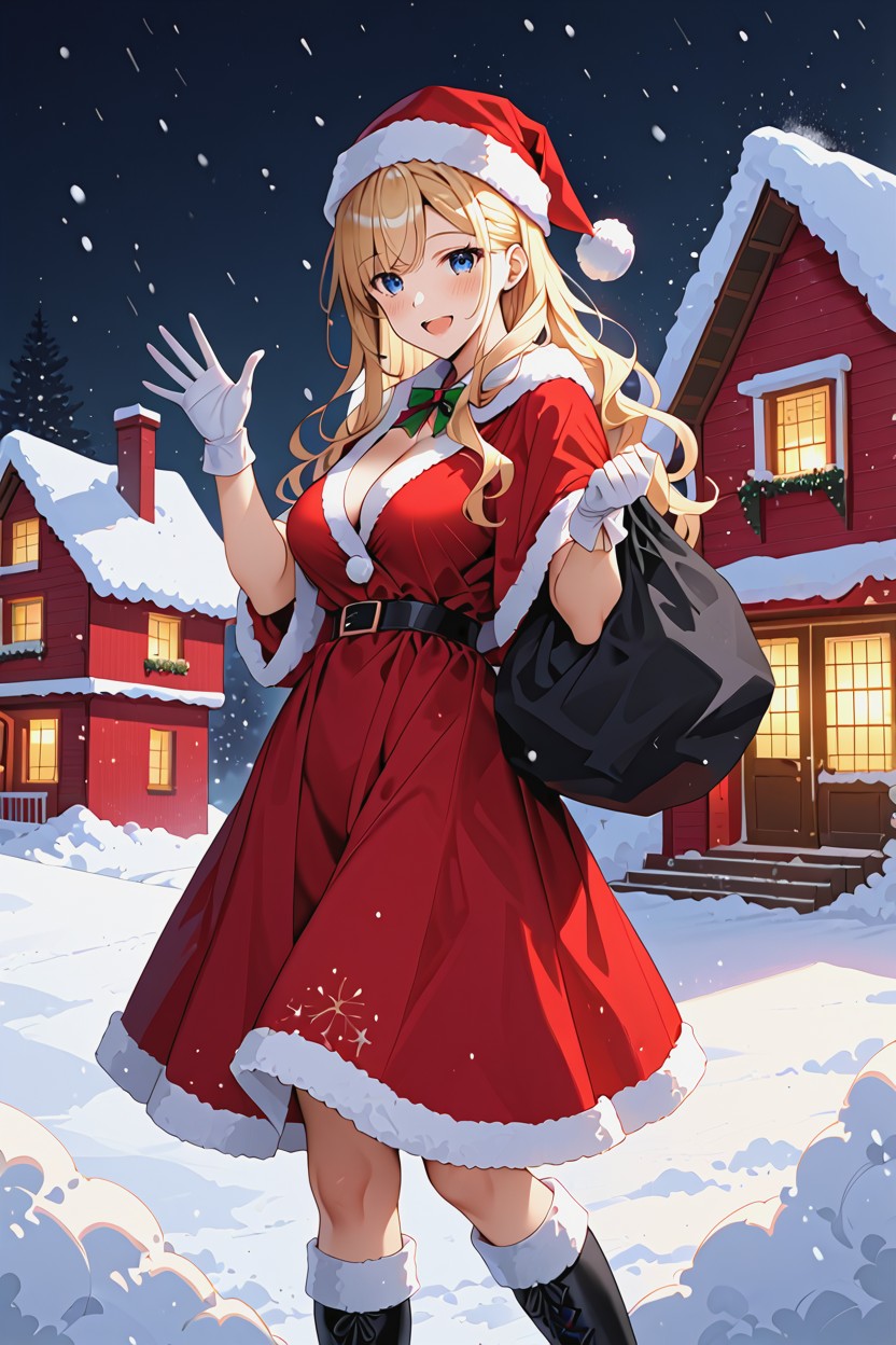 Sexy Lady, Red Fluffy Santa Claus Hat With White Fur Trim, Soft Lighting Hentai AI Porn