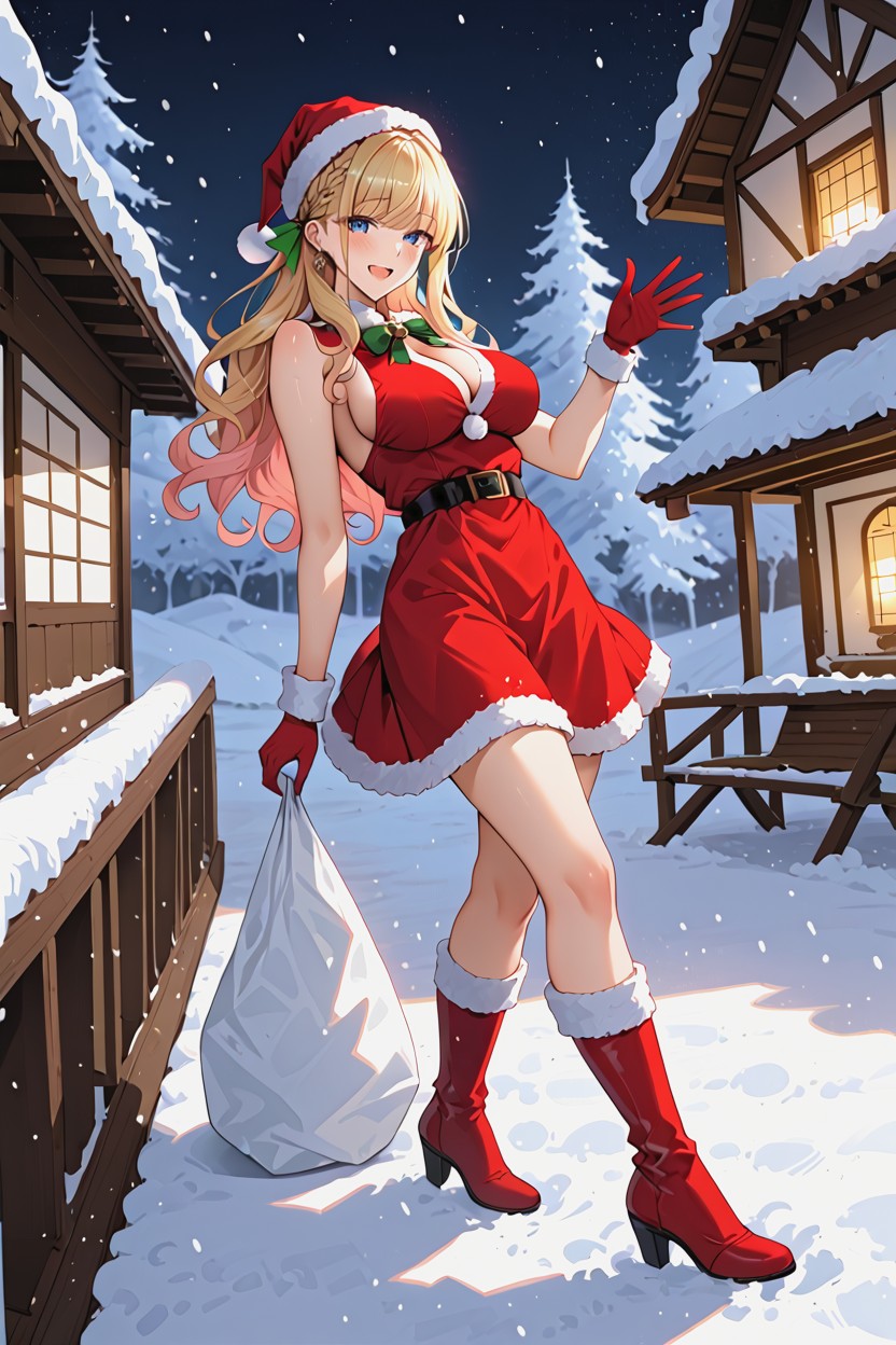 Wispy Hair Bangs, Wrist Length White Fur Gloves, Standing Hentai AI Porn