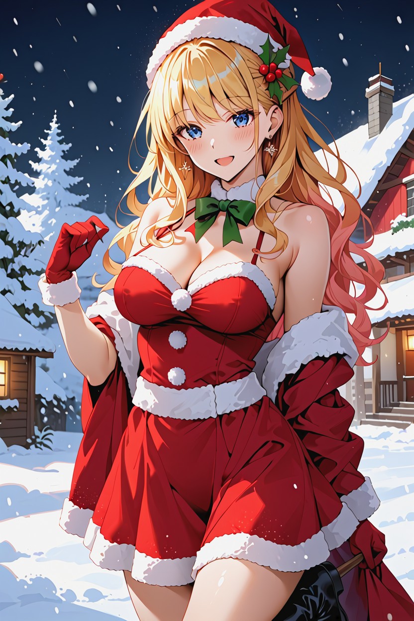 In Snowy House Backyard, Thigh Length Santa Claus Skirt, Perfect Natural Medium Breasts Hentai AI Porn