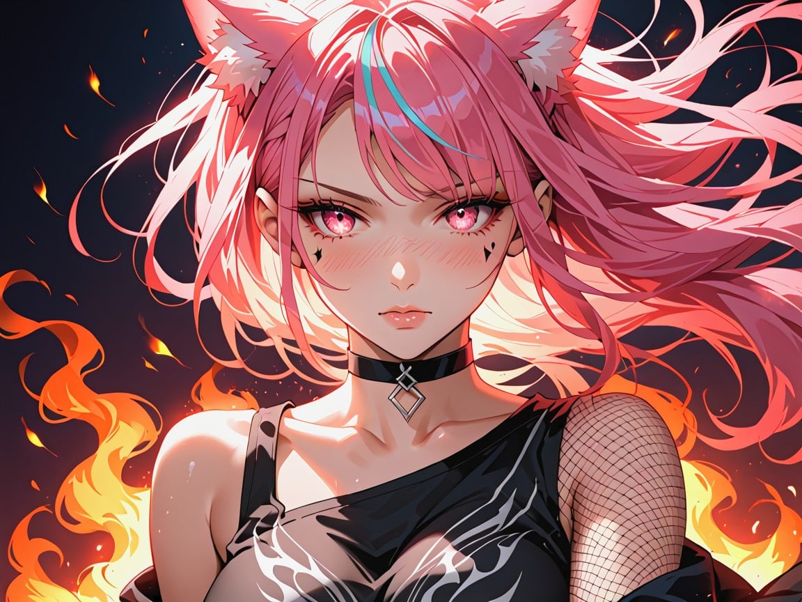 Slight Head Tilt, Dark Grays Tones, Tails And Ears Large Fire Surrounding Hentai AI Porn