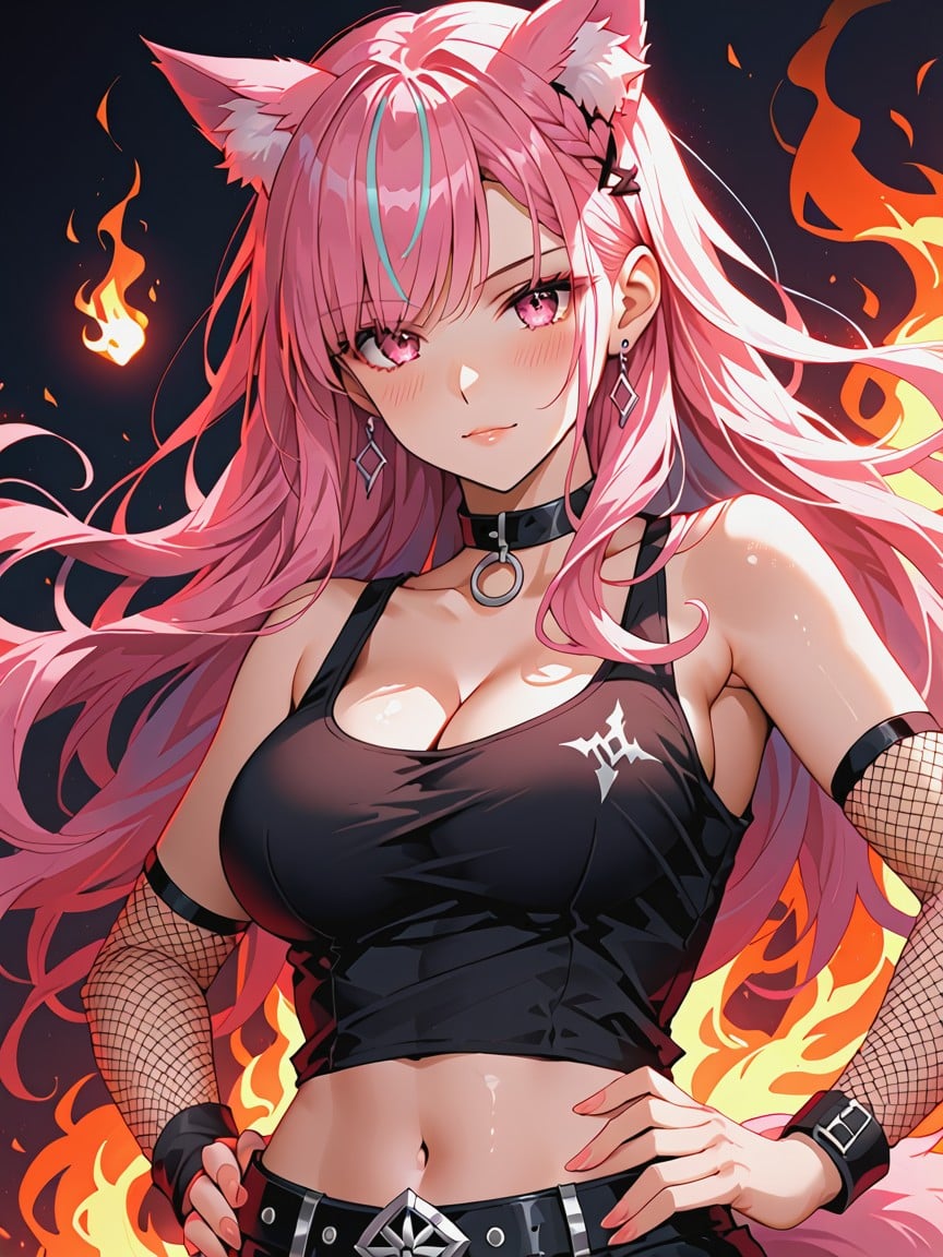 Tanktop Crop Top Under Flame Coat, Belly Exposed, Very Aesthetic Hentai AI Porn