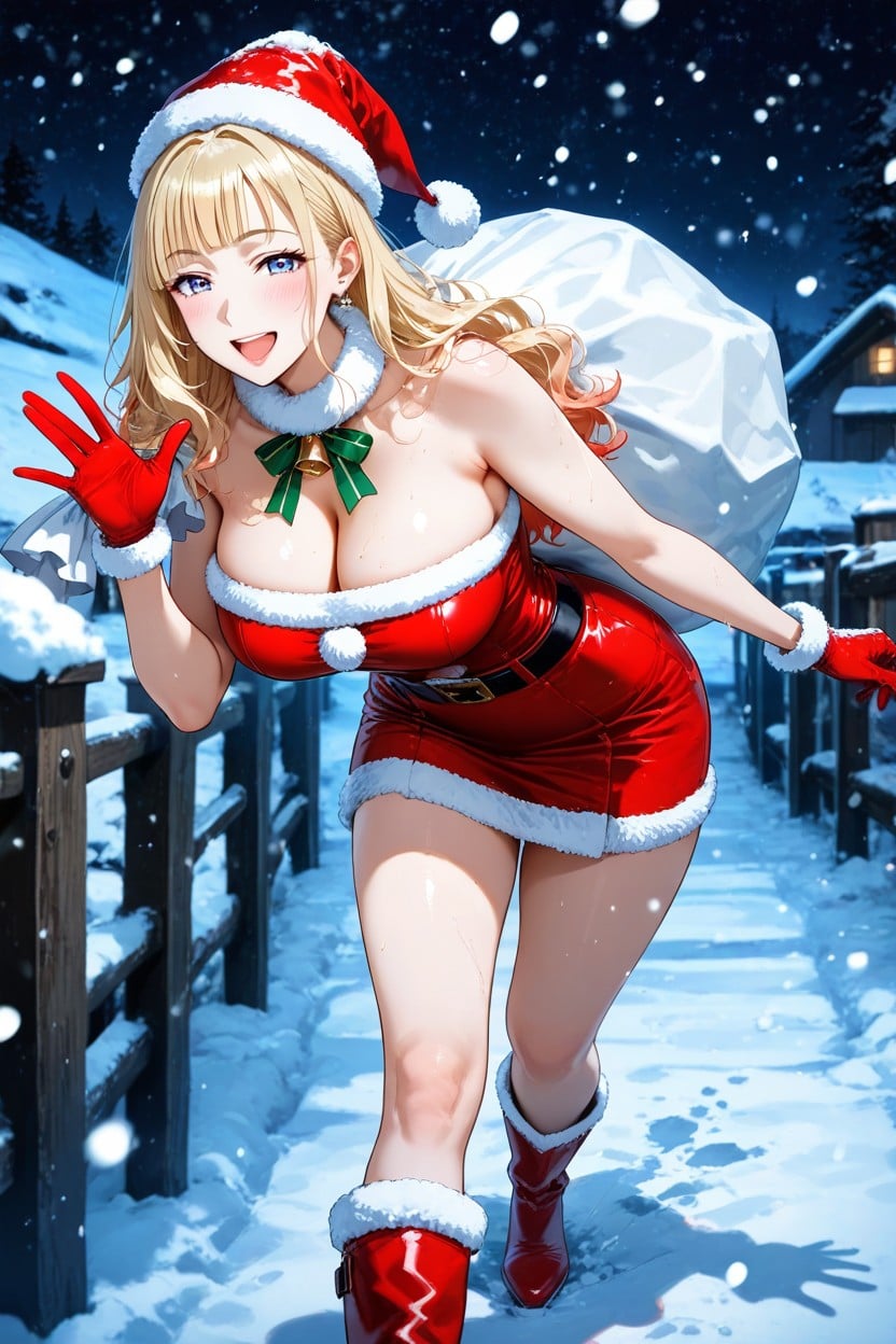 One Knee Bent Back, Skinny, Red Fluffy Santa Claus Hat With White Fur Trim Hentai AI Porn