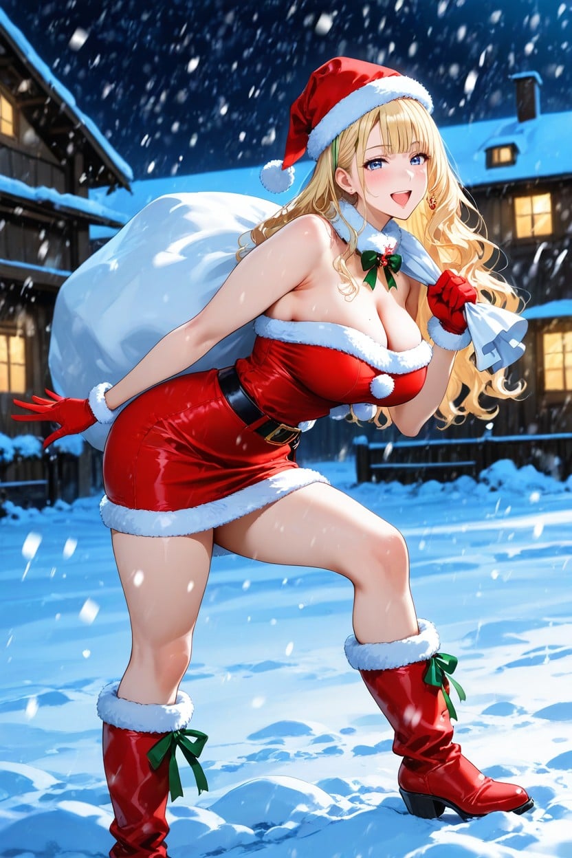 Open Mouth, Strapless Sleeveless Santa Claus Outfit With White Fur Trim, Waist Shot Hentai AI Porn