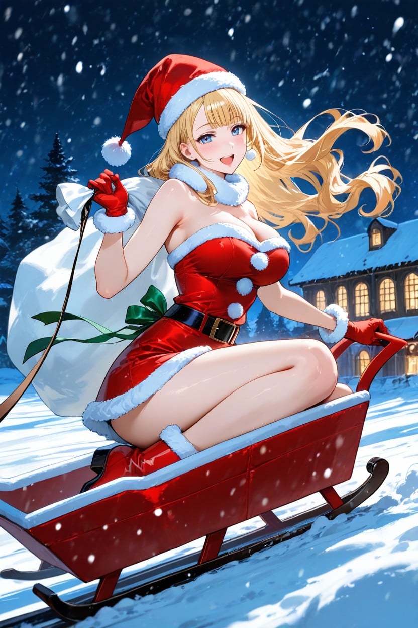 Happy Smile, Thick Snow On Roof, Hi Rise Red Fur Boots With White Fur Trim Hentai AI Porn