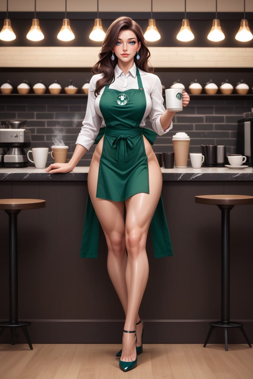 Holding A Mug Of Steaming Coffee, Barista, Apron AI Porn