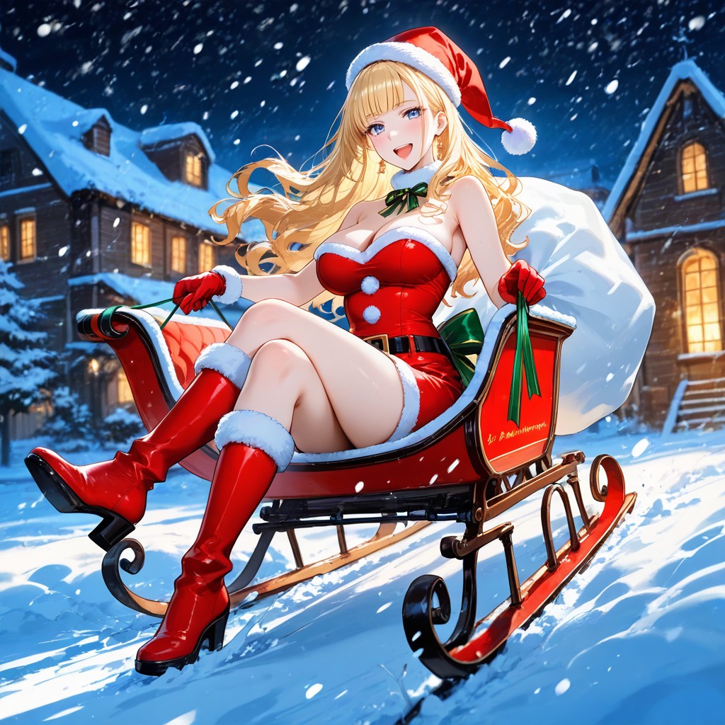 Thigh Length Santa Claus Skirt, Open Mouth, Wispy Hair Bangs Hentai AI Porn