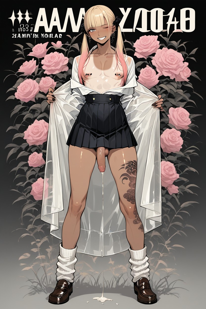 Blonde Hair With Pink Highlights, Foreskin, Hands Open Raincoat AI Gay Porn