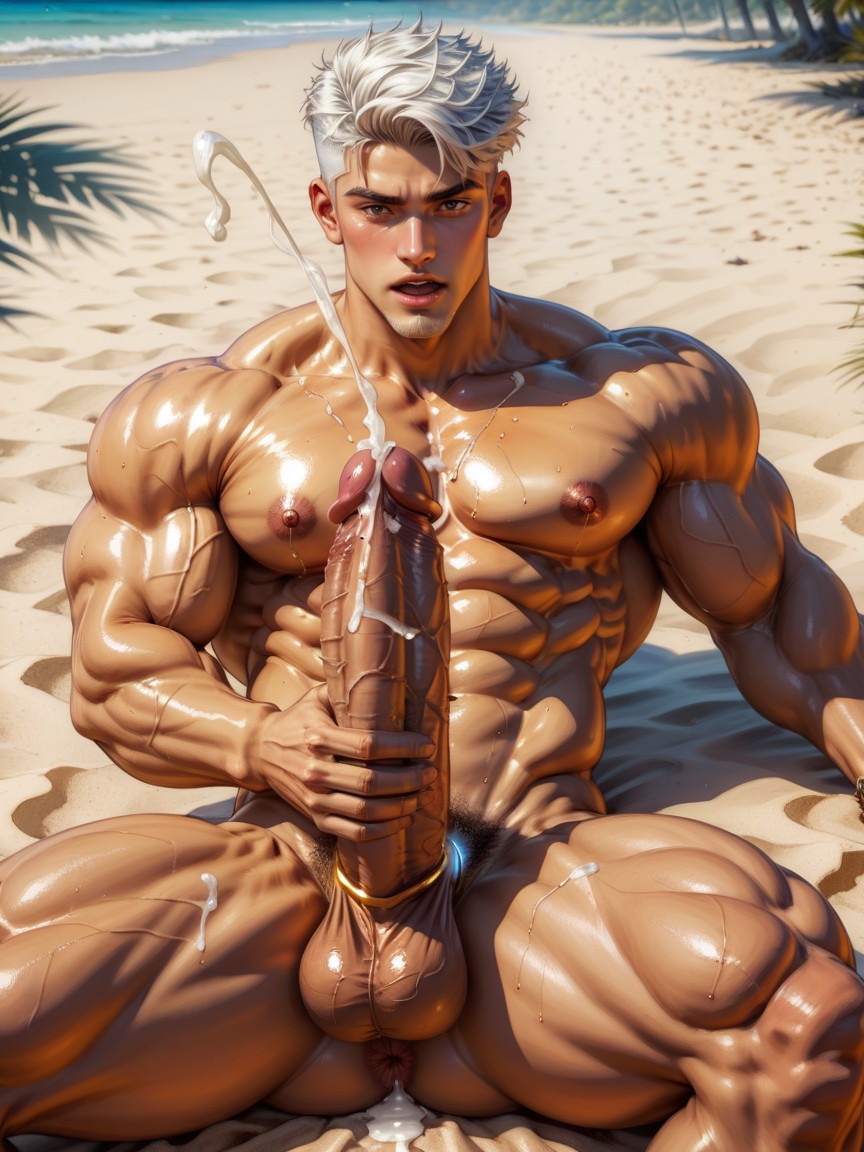 Self Fisting, Smooth Muscular Male, Erect Dick AI Gay Porn