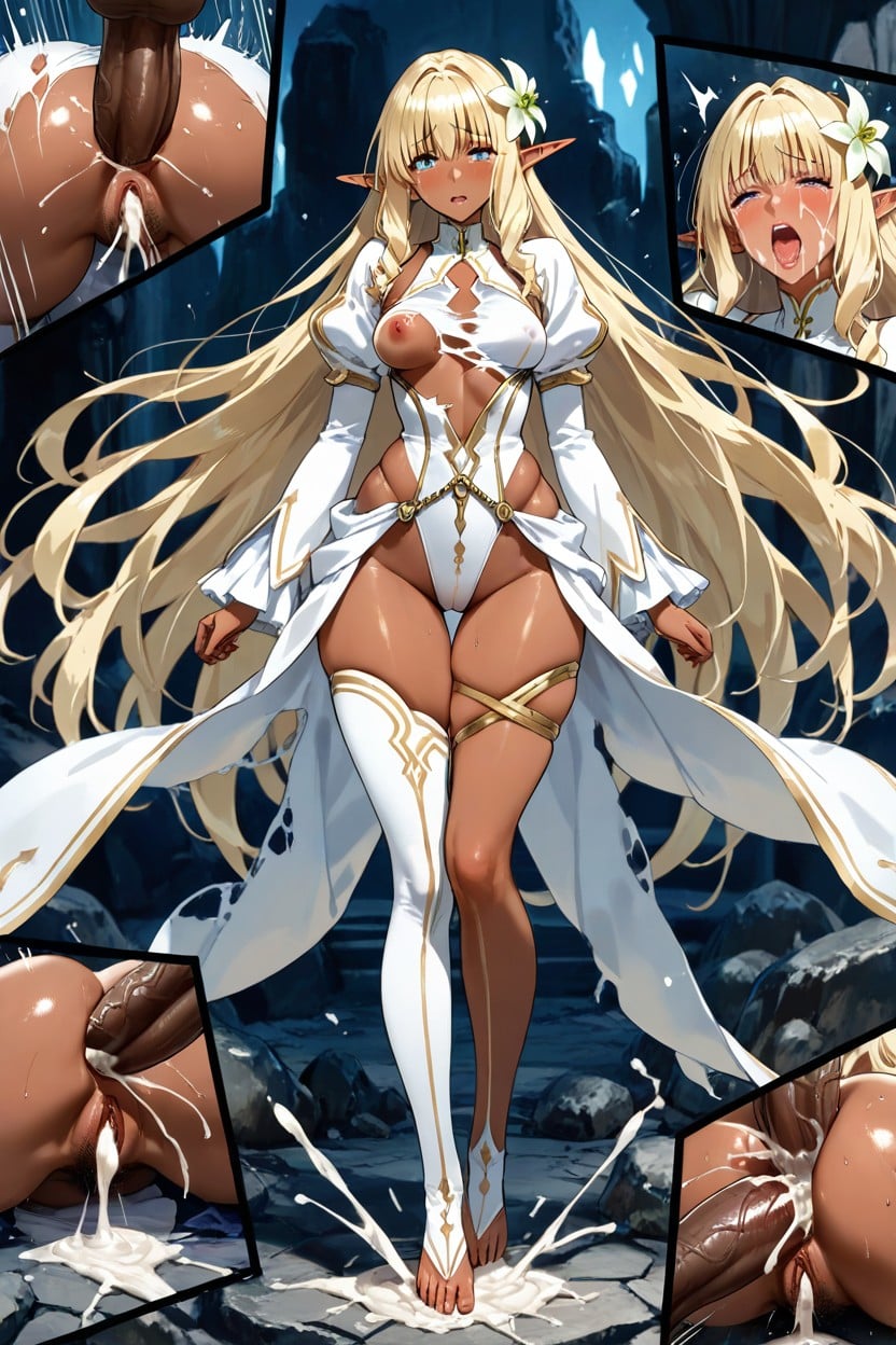 Hyper Long Elegant Legs, Erect Nipples Under Outfit, Hair Flowers Hentai AI Porn