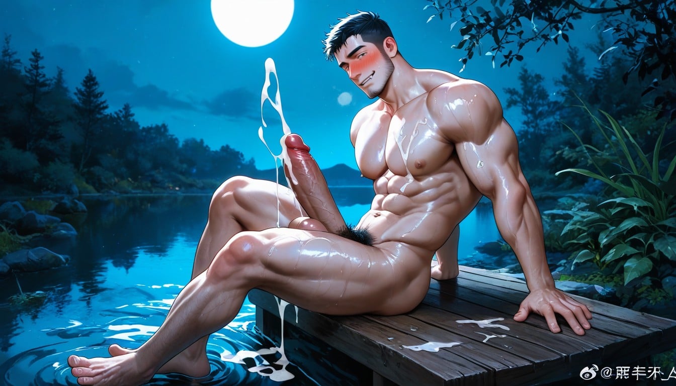 Soft Blue Mood Lighting Casting Erotic Shadows Across His Body, Big Massive Penis, Standing Porno gay IA