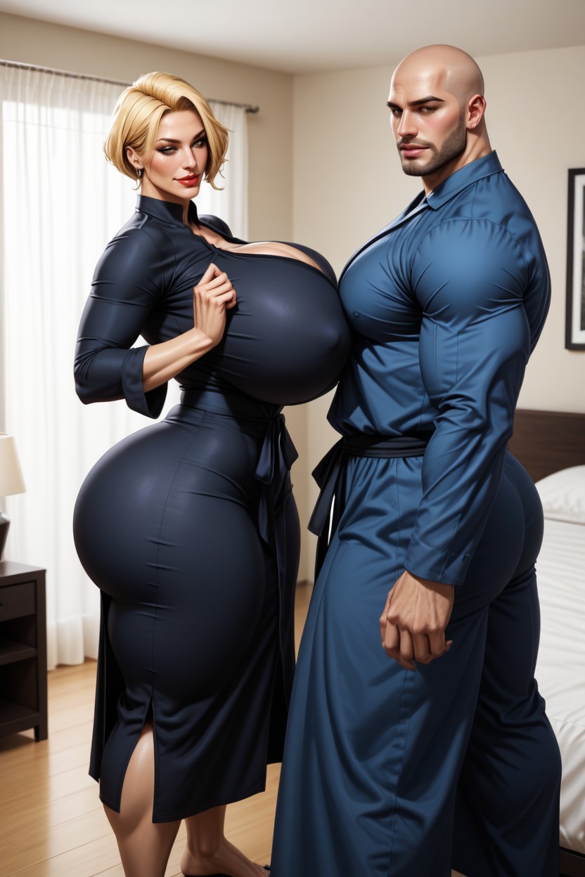 Hyper Muscular Handsome Bald Man, Wide Angle, Full Body AI Porn
