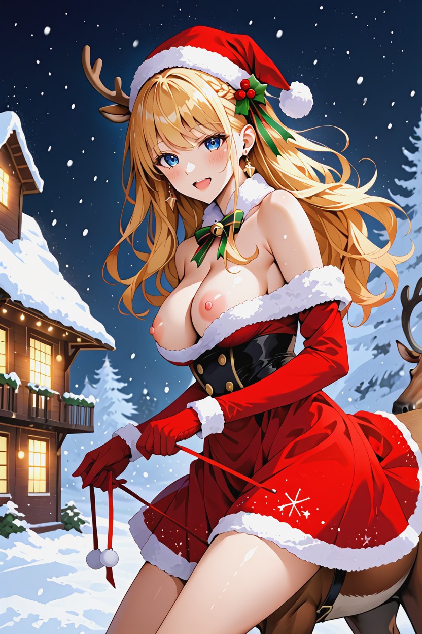 Wrist Length Red Gloves With White Fur Trim, Waist Shot, Night Time Hentai AI Porn