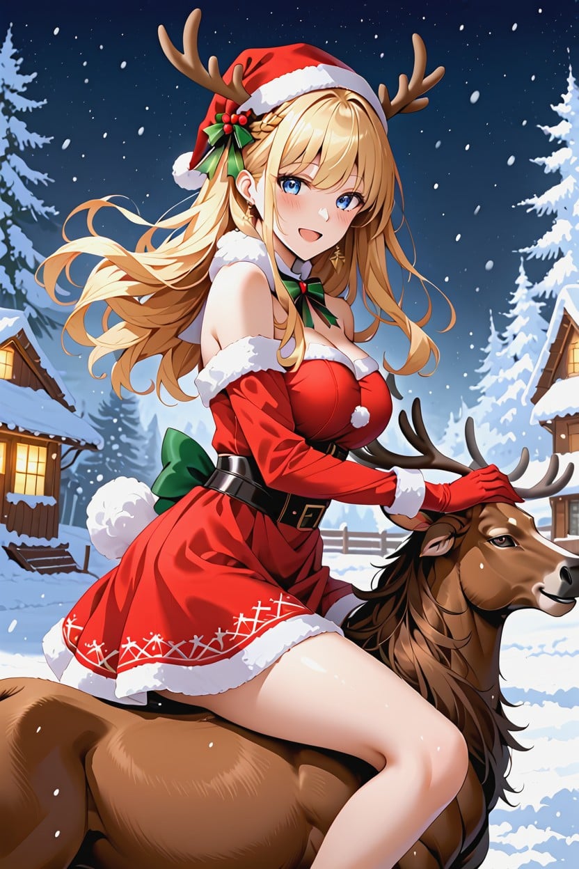 Soft Lighting, Thick Snow On Roof, Reindeer Standing On Hentai AI Porn