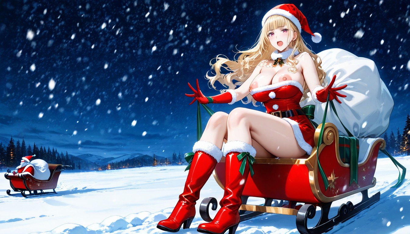 Cinematic, Looking At Viewer, Several Reindeers Running Pulling Sleigh Hentai AI Porn