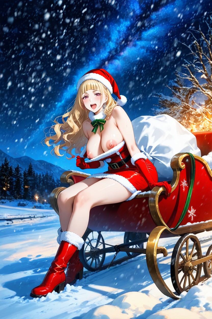 Both Hands Holding Reins, Expression, Sitting In Big Santa Claus Sleigh Hentai AI Porn