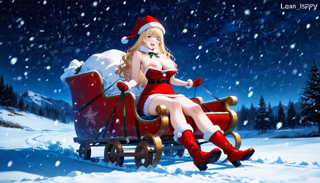 Sitting In Big Santa Claus Sleigh, Detailed, Several Reindeers Running Pulling Sleigh Hentai AI Porn