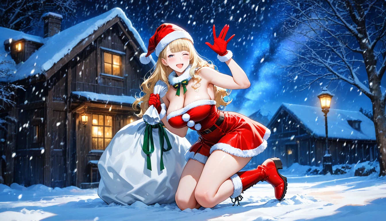 Erect Puffy Pink Nipples Thigh Length Santa Claus Skirt, Thick Snow On Roof, Breasts Exposed; Hentai AI Porn