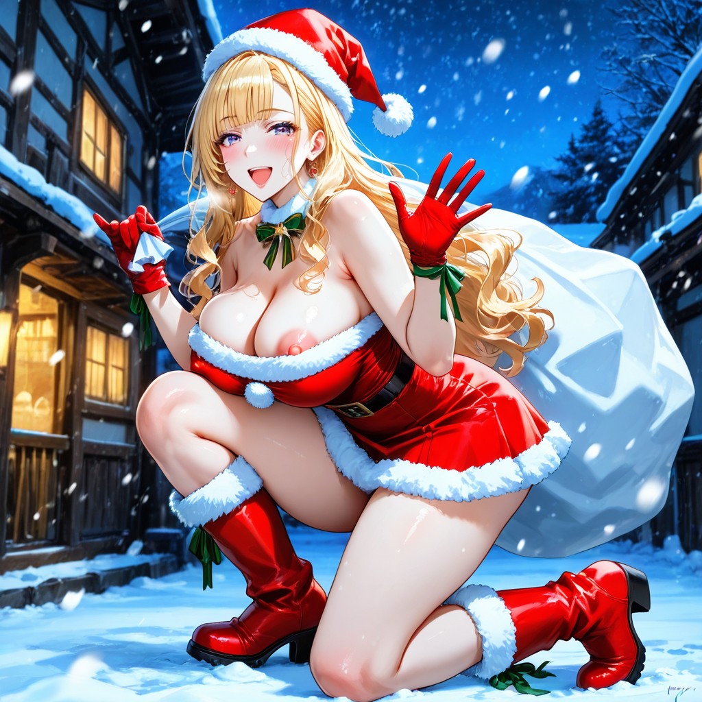 Standing, Erect Puffy Pink Nipples Thigh Length Santa Claus Skirt, Hopping In Place Hentai AI Porn