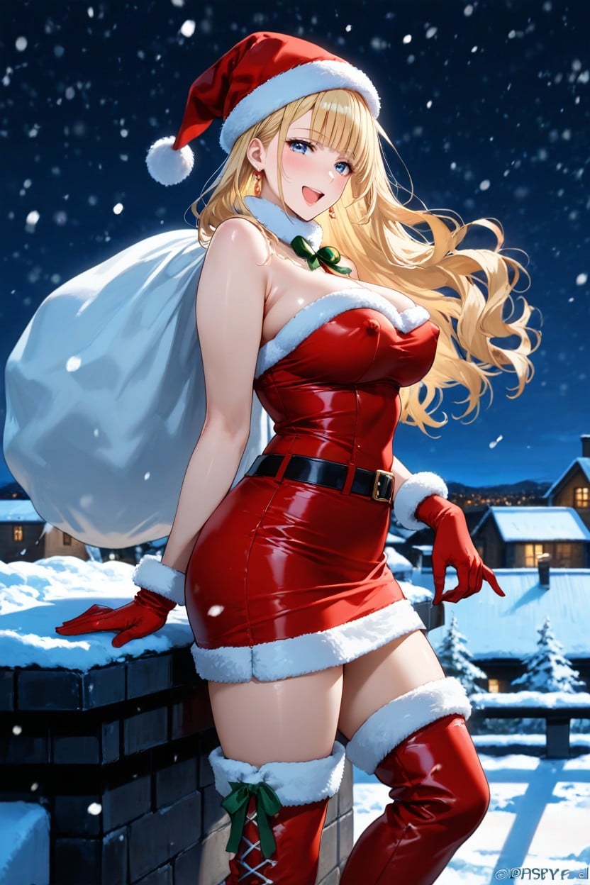 Open Mouth, Side View, Erect Puffy Pink Nipples Thigh Length Santa Claus Skirt Hentai IA