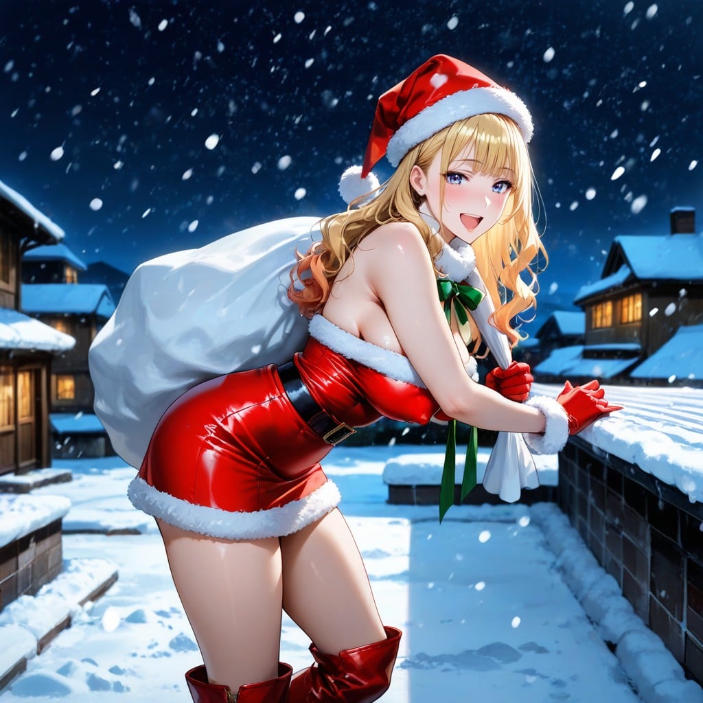Thick Snow On Roof, Strapless Sleeveless Santa Claus Outfit With White Fur Trim, Medium Breast Hentai AI Porn