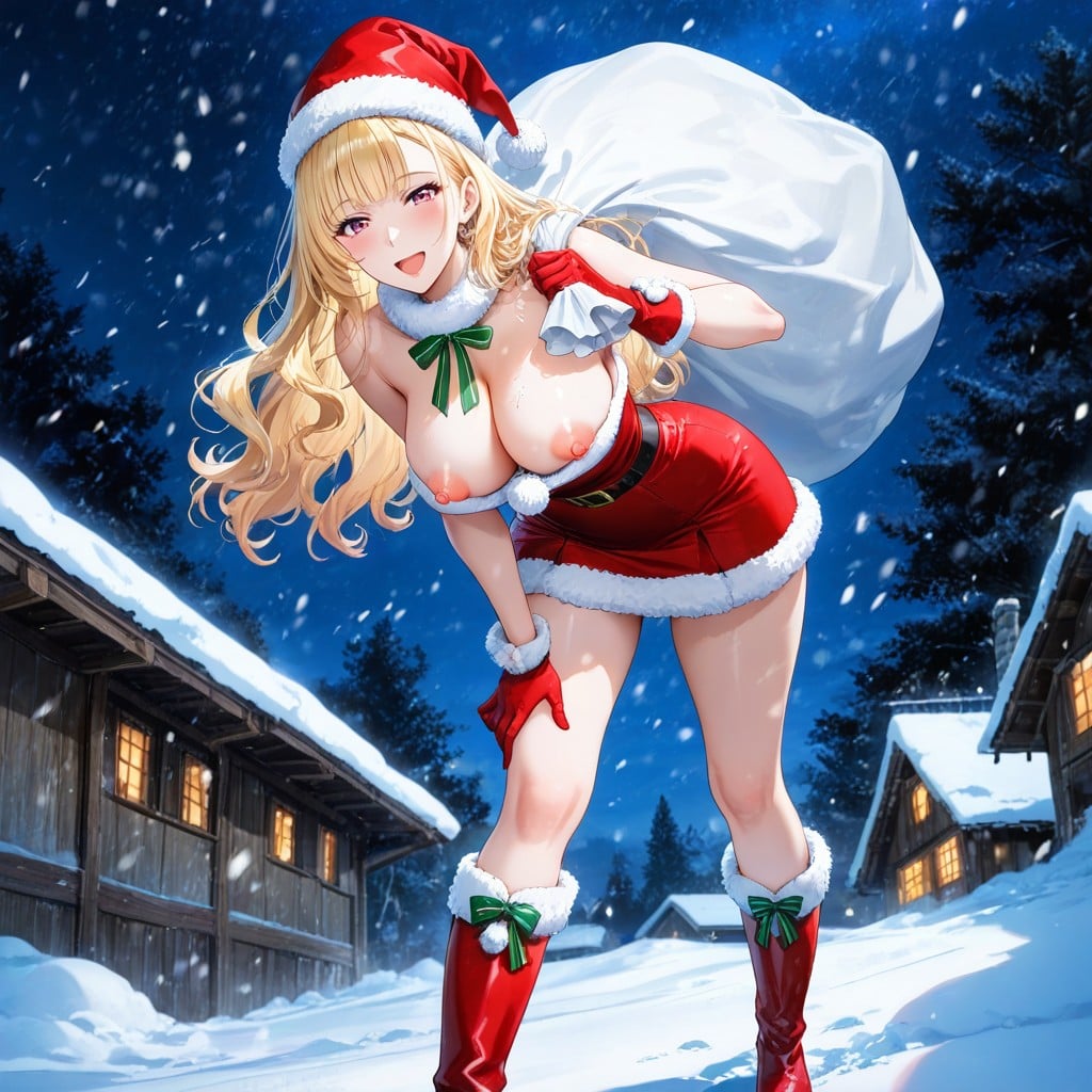 Waist Shot, Carrying Large White Santa Claus Sack On One Hand, Permed Hair Hentai AI Porn