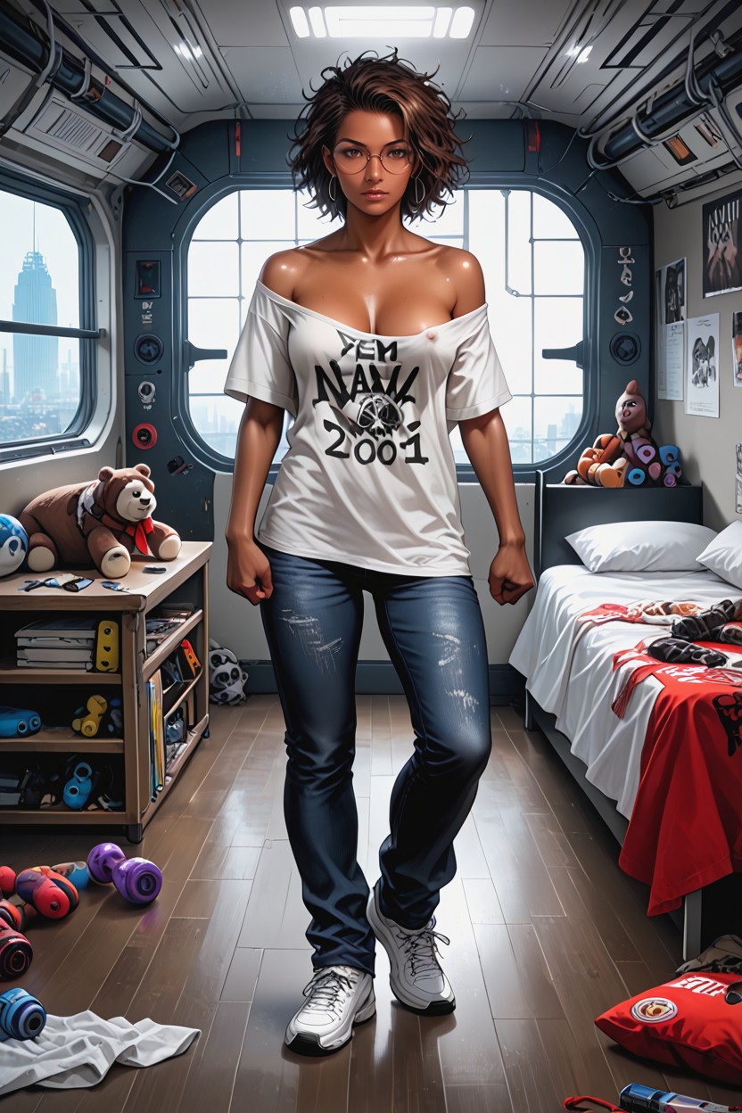 Hyperrealistic, Piel Marrón Oscuro, Oversized Grey T-shirt Hentai IA
