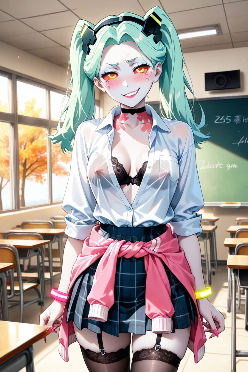 Red And Black Plaid Checked Miniskirt, Black Bra, Dimly Lit Hentai IA