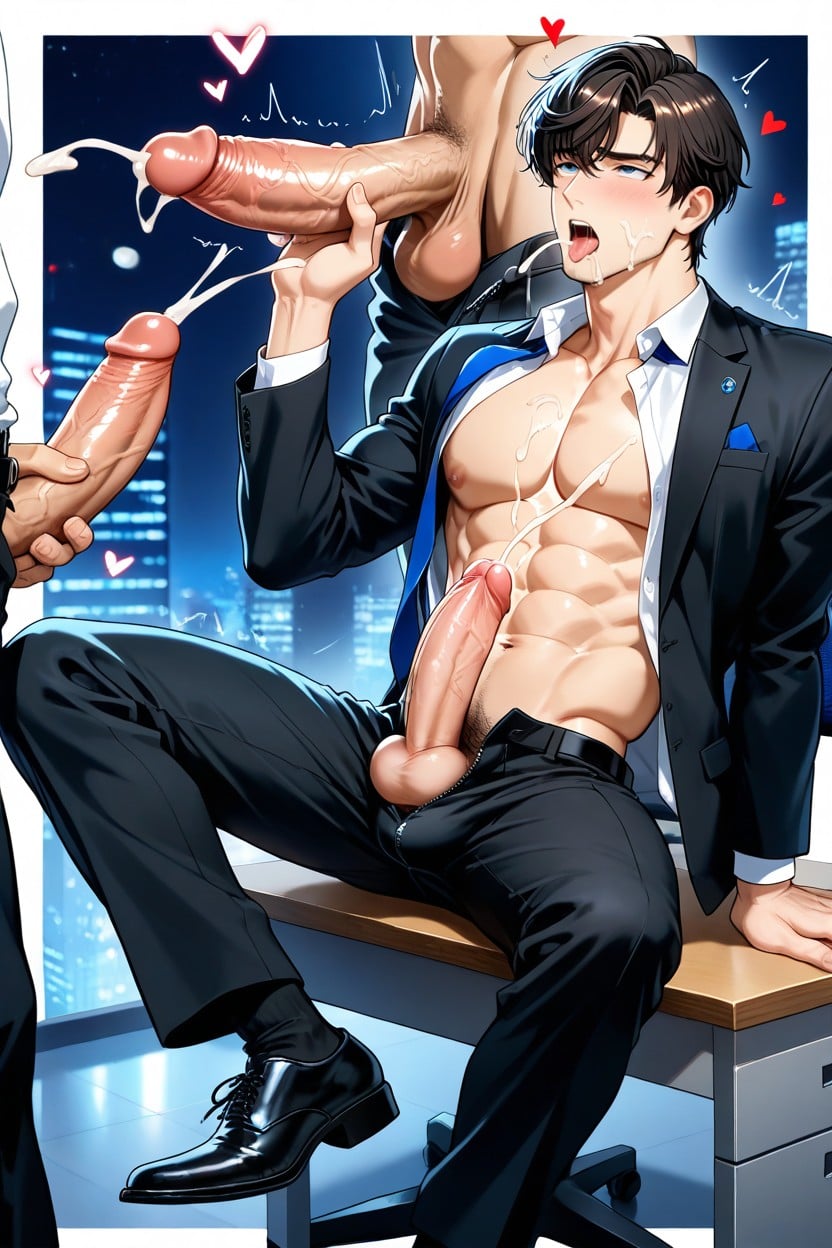 His Mouth Is Gripping His Penis, Soft Light, Office Uniform Porno IA Gay