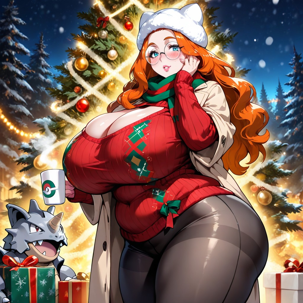 Form-fitting Christmas Sweater, Snow-covered Pine Trees, Revealing Cleavage Hentai AI Porn