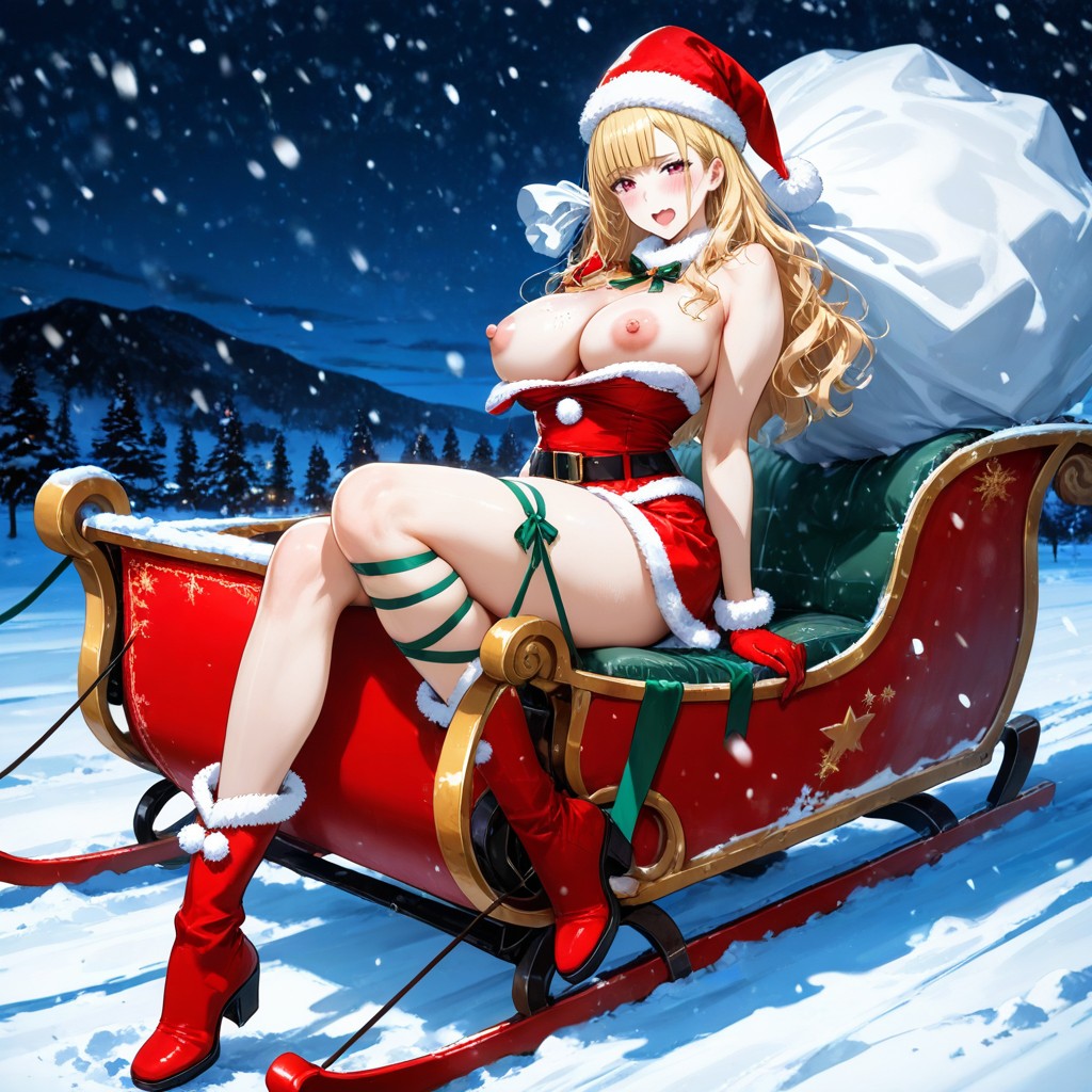 Wavy Hair Edges, Wrist Length Red Gloves With White Fur Trim, Sexy Lady Hentai AI Porn