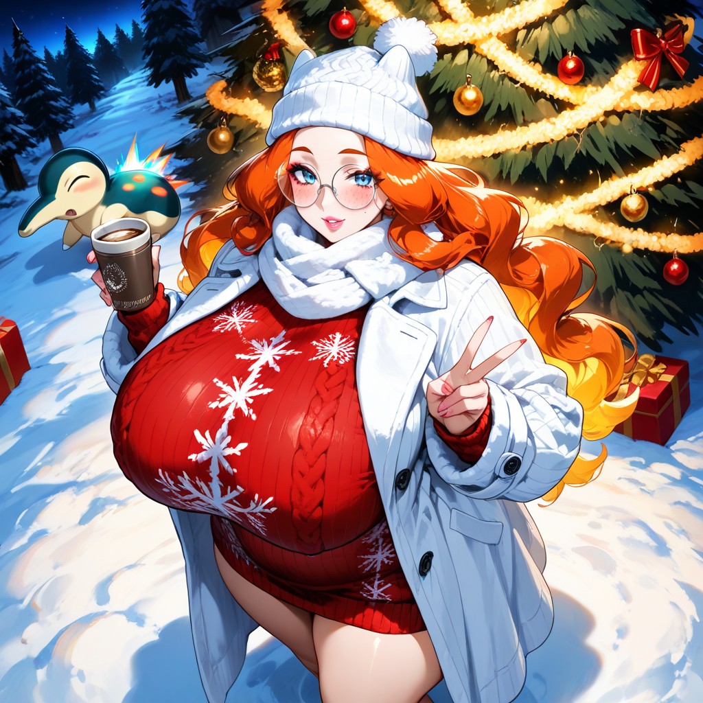 White Fleece Tights, Long White Camel Wool Coat, Sparkling Blue Eyes Hentai AI Porn