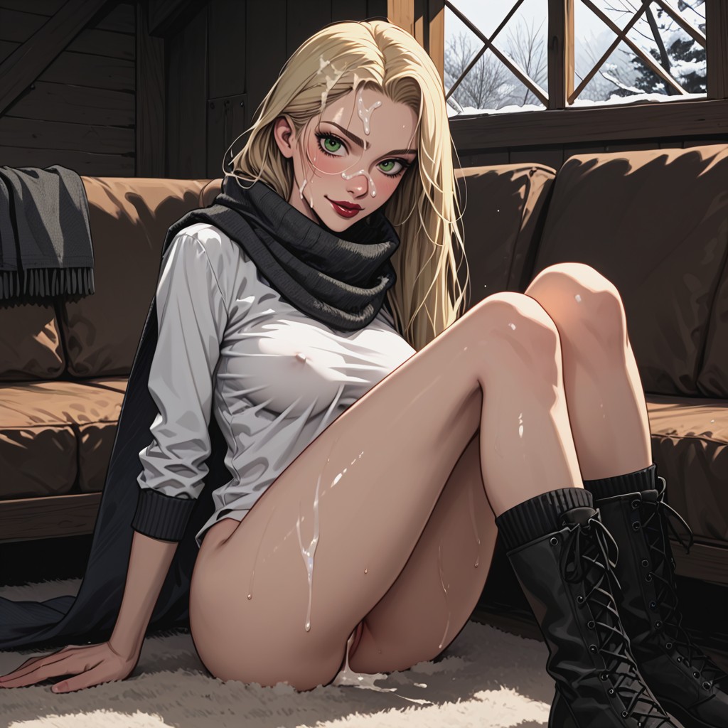 Dark Red Lip Liner, Scarf, Winter Snow Outside The Window Hentai AI Porn