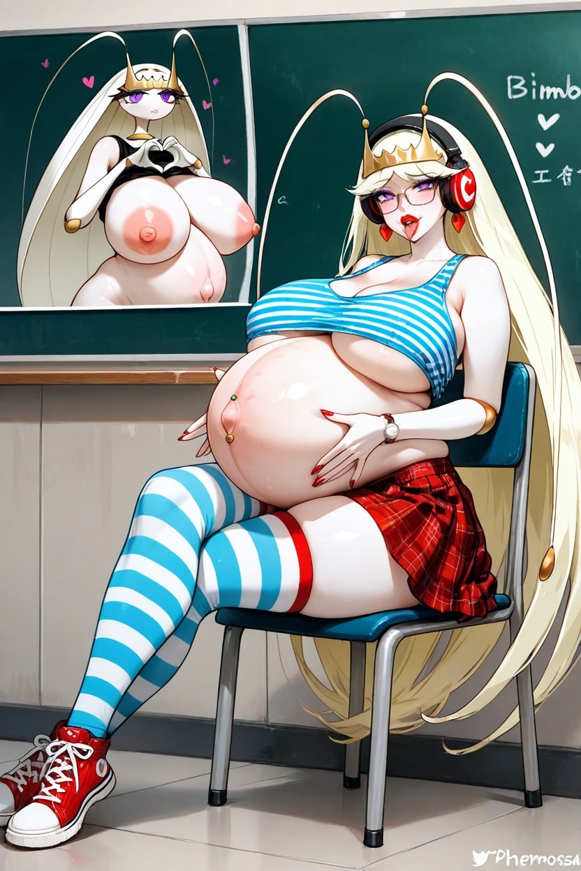 Headphones, Belly Inflation, White Long Hair Hentai AI Porn