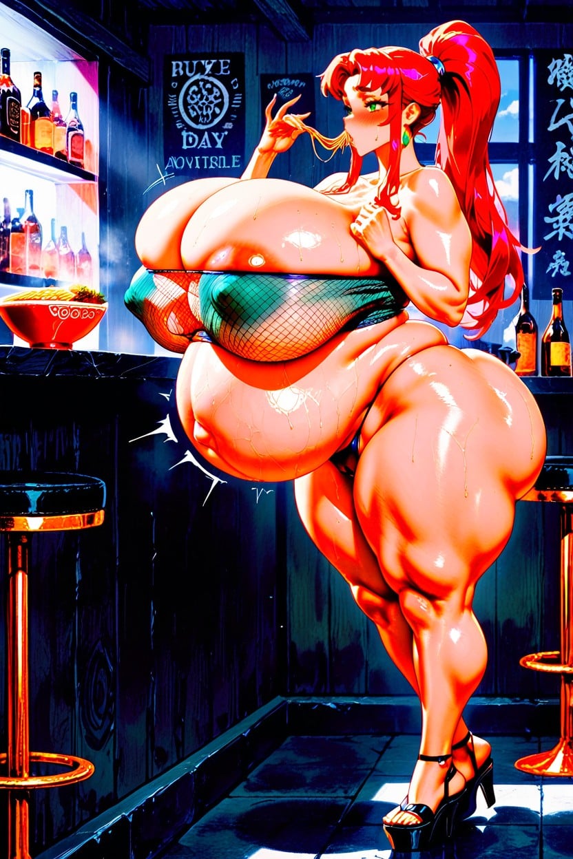 Sexually Suggestive Pose, Fishnet Tube Top, Belly Bigger Than Body AI Porn