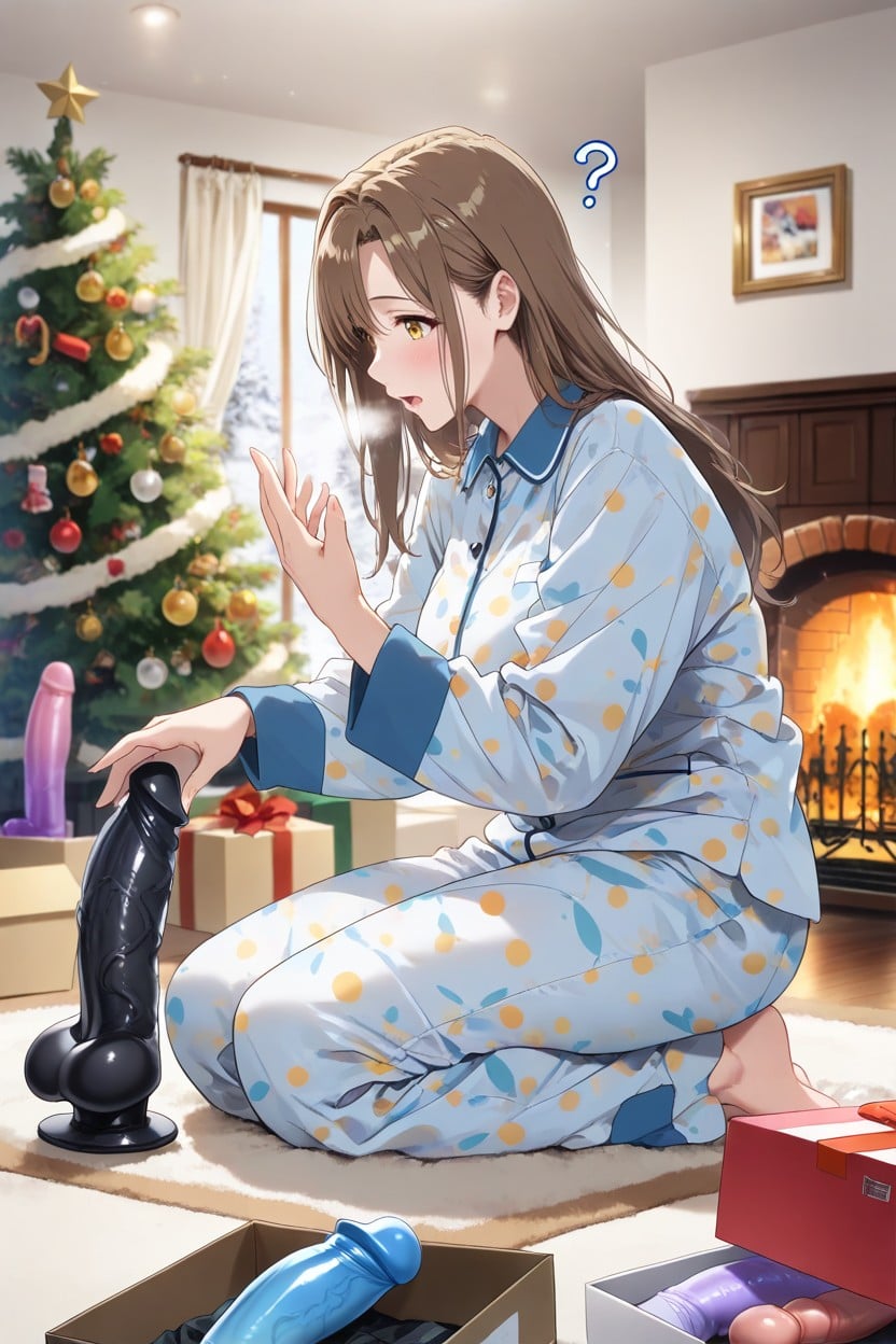 Lady, Two Tone Pajamas, Other Hand On Cheek Hentai AI Porn