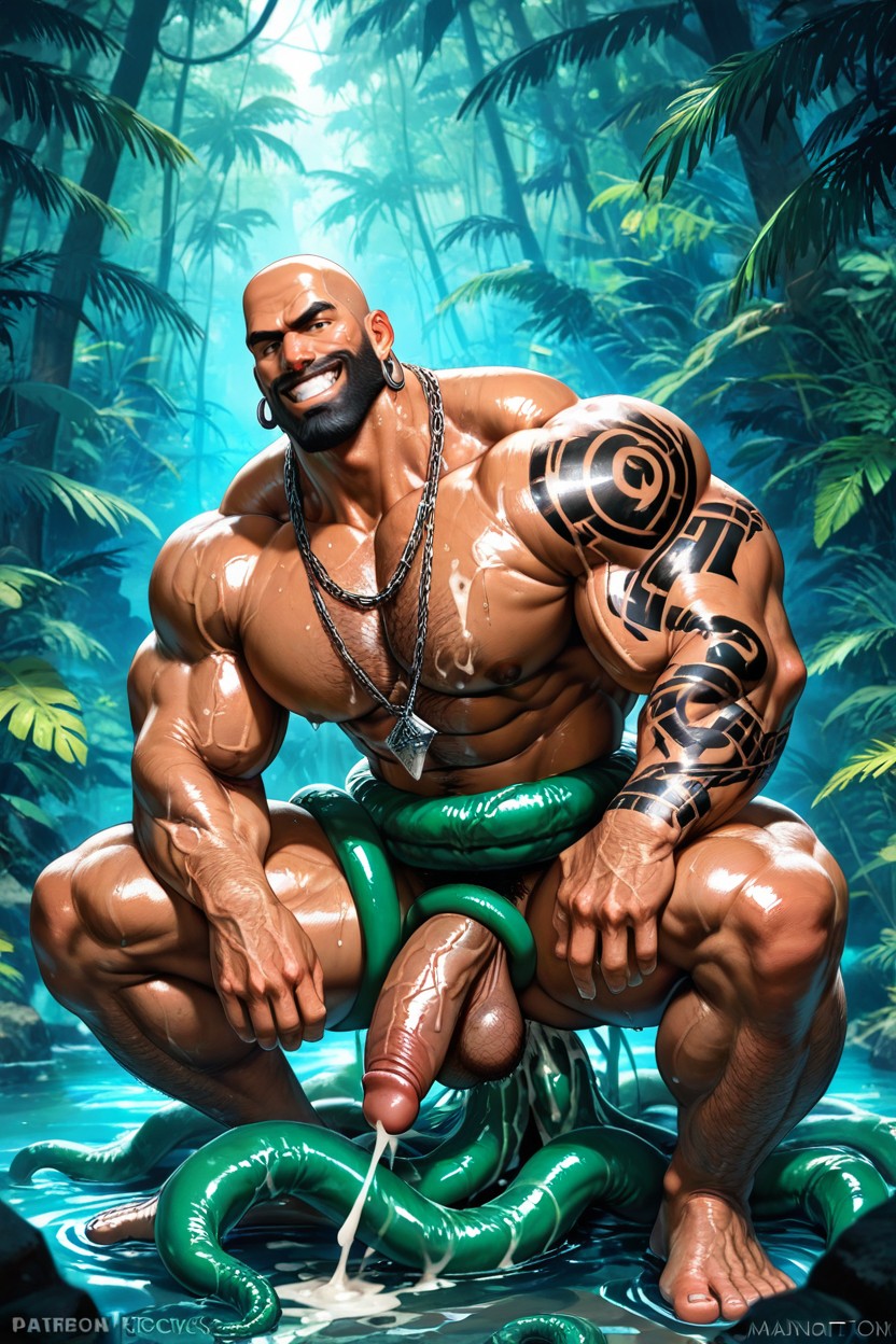 Detailed Muscles, Wet, Long Black Beard AI Gay Porn