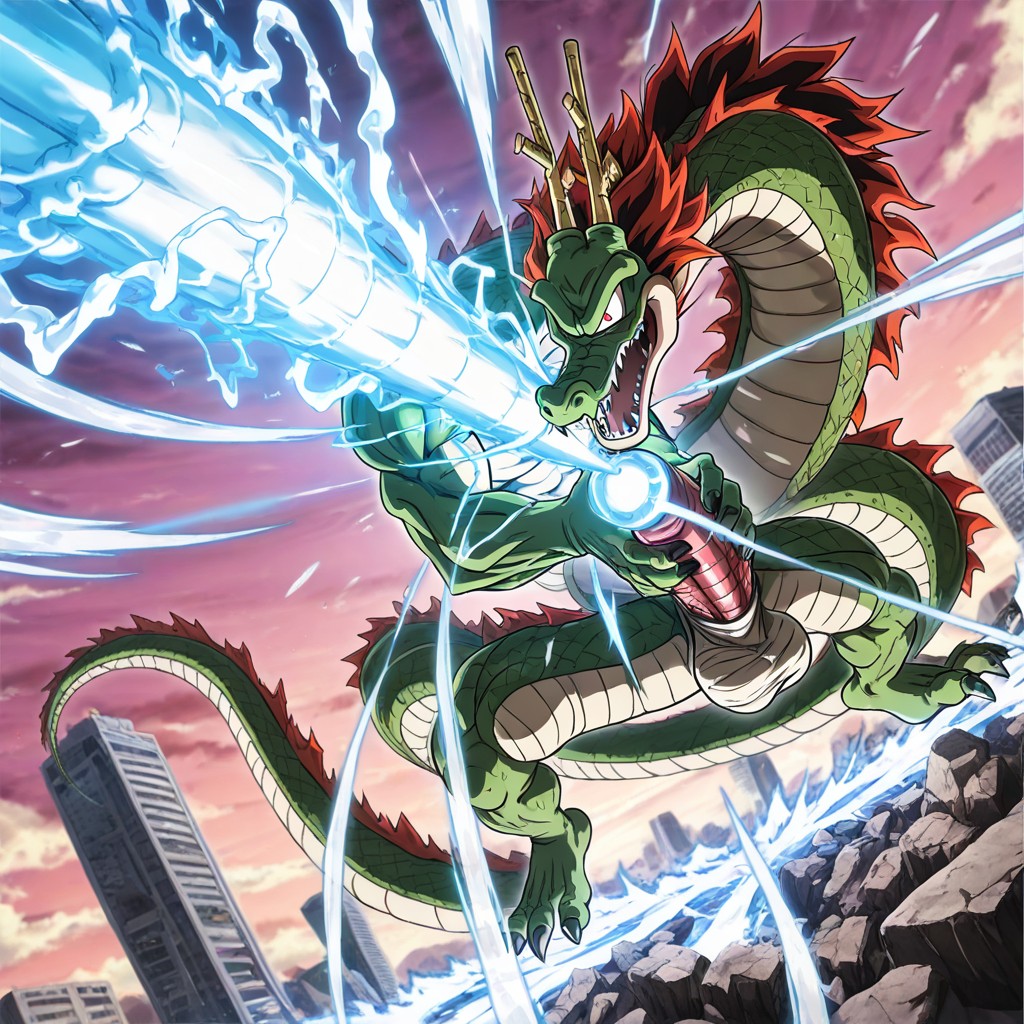 Kamehameha Cumshot Directed At Shenron, Side View, Dramatic Perspective Porno gay IA