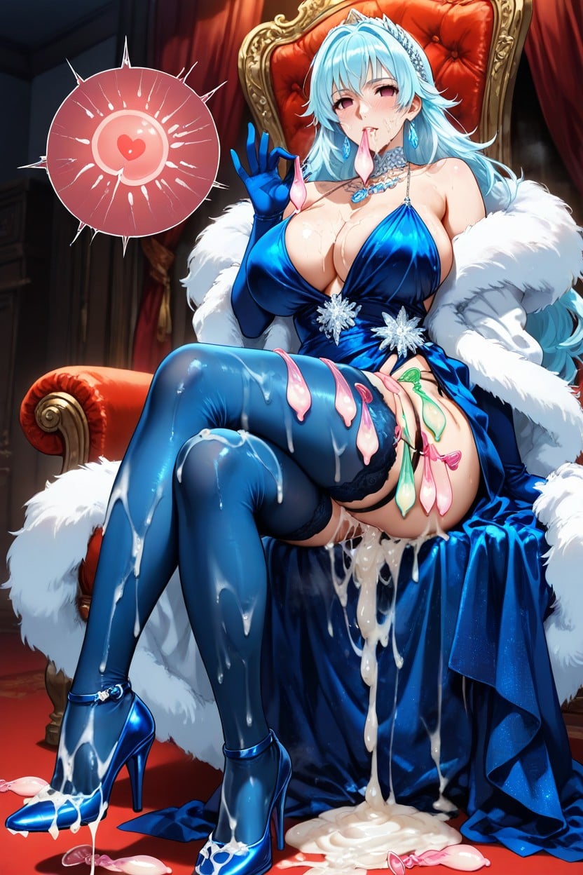 Wearing Condom, Clothes Covered On Semen, Sitting Hentai AI Porn