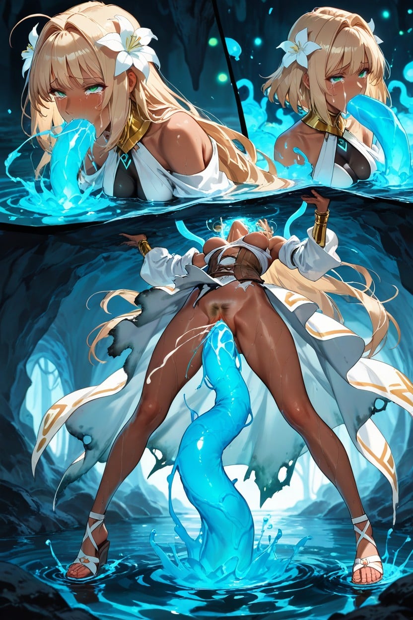 Creepy Expression, Flood Of Insanely Massive Aqua Water Glowy Tentacles, Bare Shoulders Hentai AI Porn