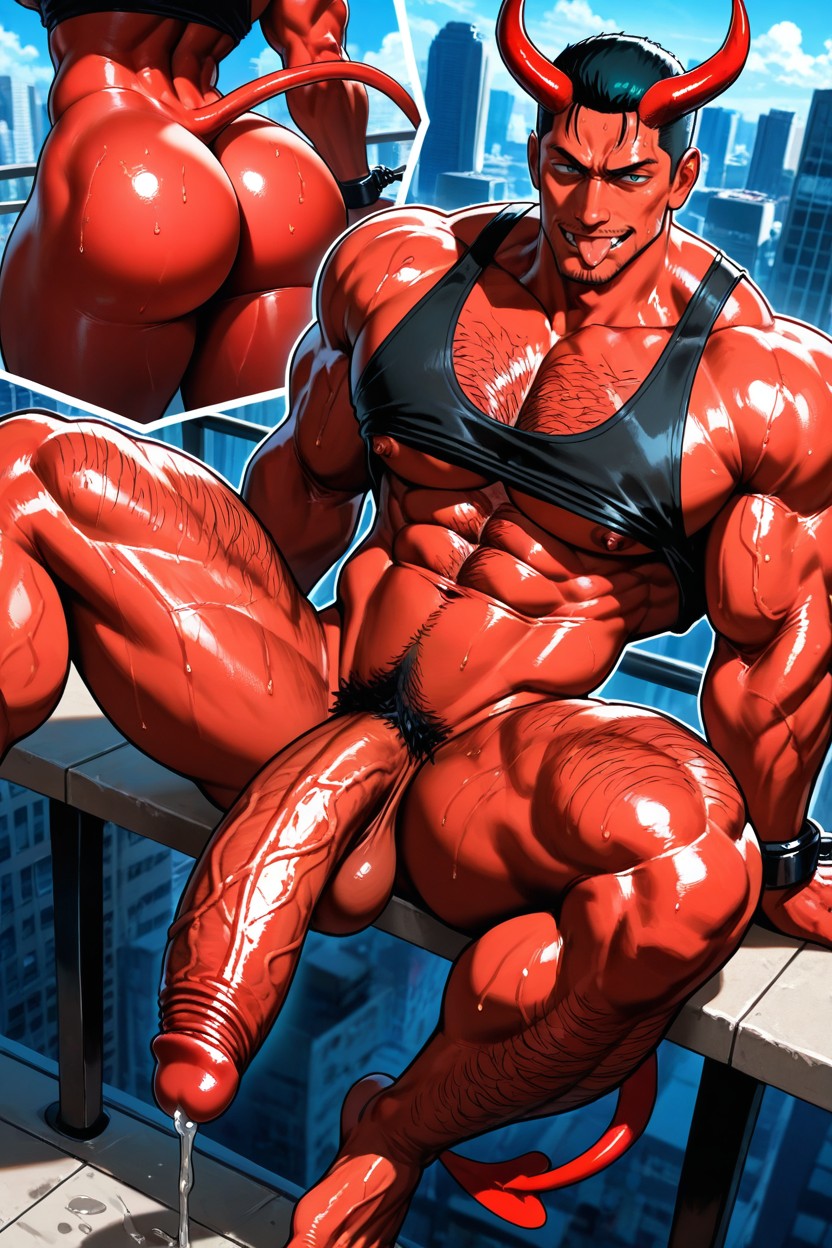 Clean Shaven Face, Very Hairy Body Especially His Chest Is Hairy, One Leg Up ゲイAIポルノ