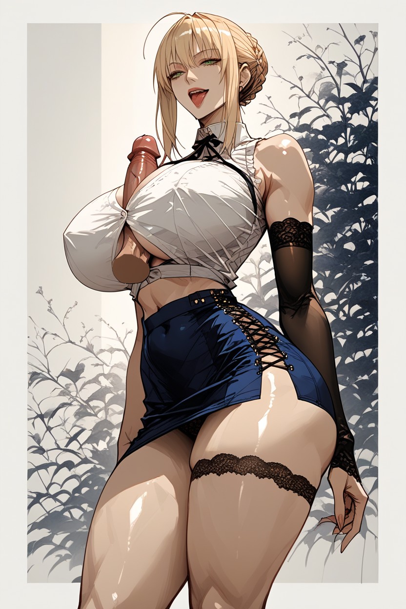Extremely Snatched Waist, Blue Skirt, Big Rounded Breasts Hentai IA