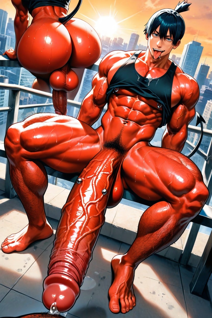 Tank Top Riding Up To Reveal Abs, Tongue Out, High Angle View AI Gay Porn