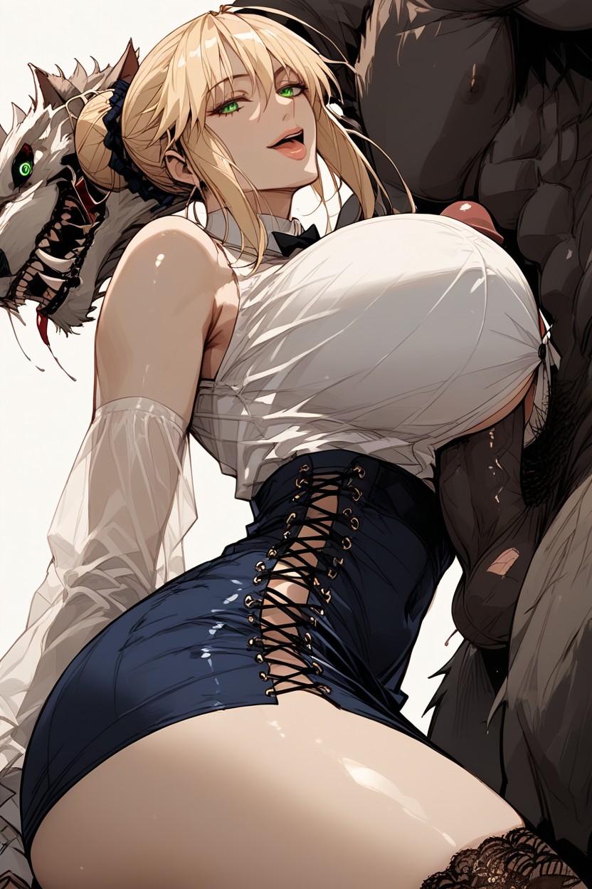 Ultra Detailed, Blue Skirt, Mamada Entre Senos Hentai IA