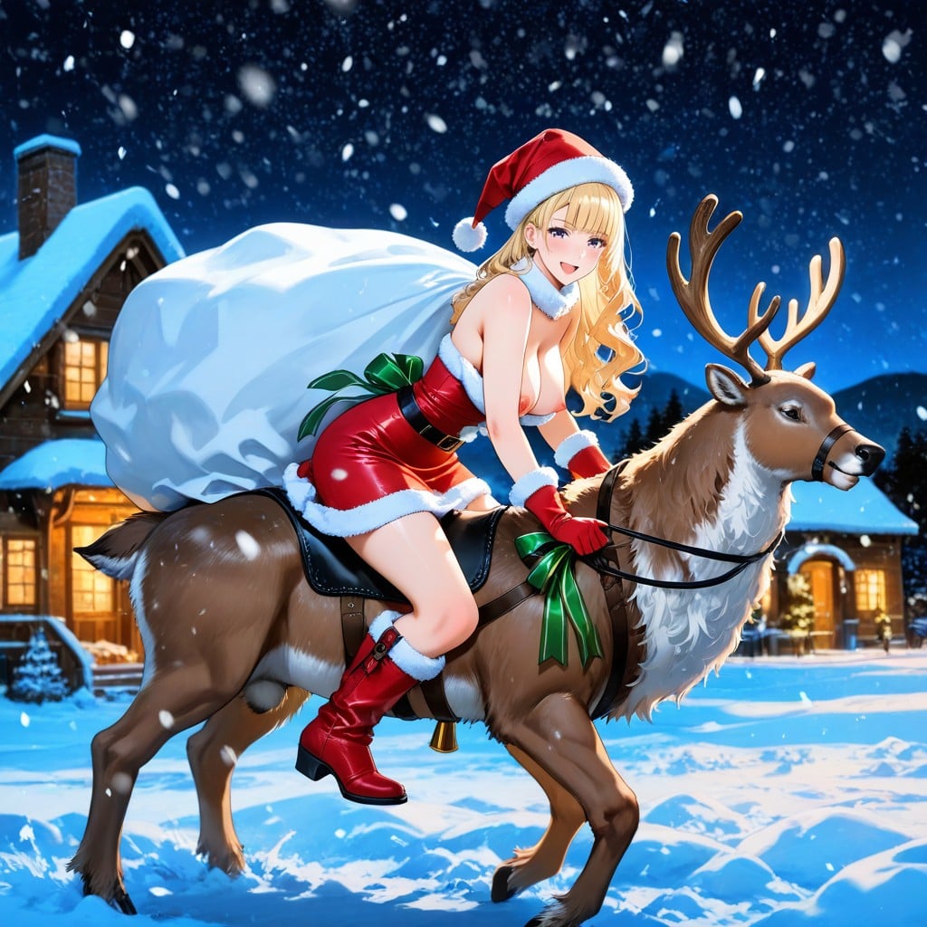 Thigh Length Santa Claus Skirt, Pechos Medianos, Erect Puffy Pink Nipples Hentai IA
