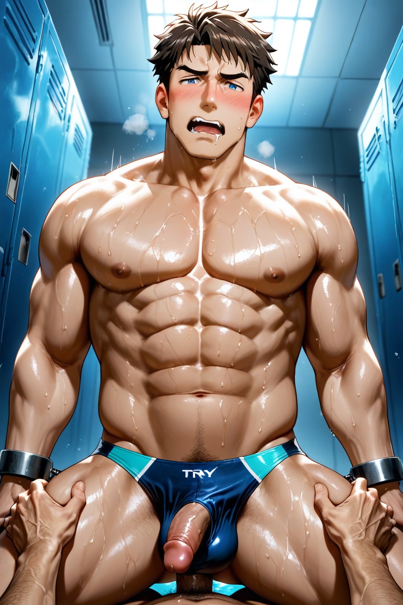 Teal-colored Eyes, Bottom Drooling, Realistic Lighting Pornografia gay com IA