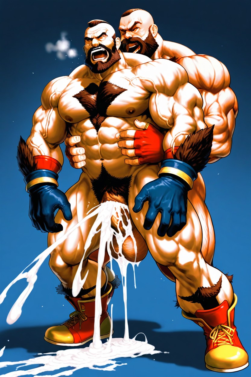 Zangief Behind Bearded Worker, Side View, Bearded Worker Wearing Construction Clothes AI Gay Porn