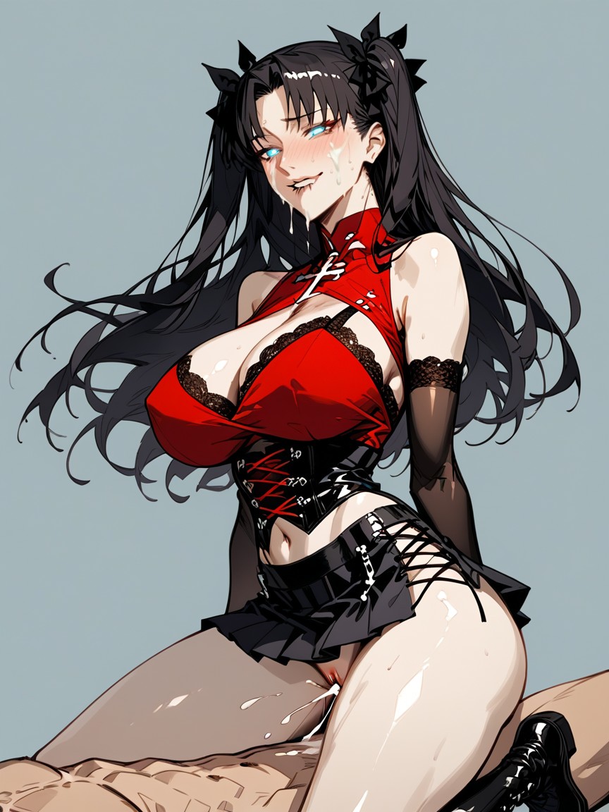 Dark Hair, Naked Upper Body Excluding Long Red Breast Curtain, Side View Hentai IA